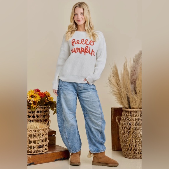 Main Strip Sweaters - Main Strip White and Orange “Hello Pumpkin” Fall Crew Neck Sweater